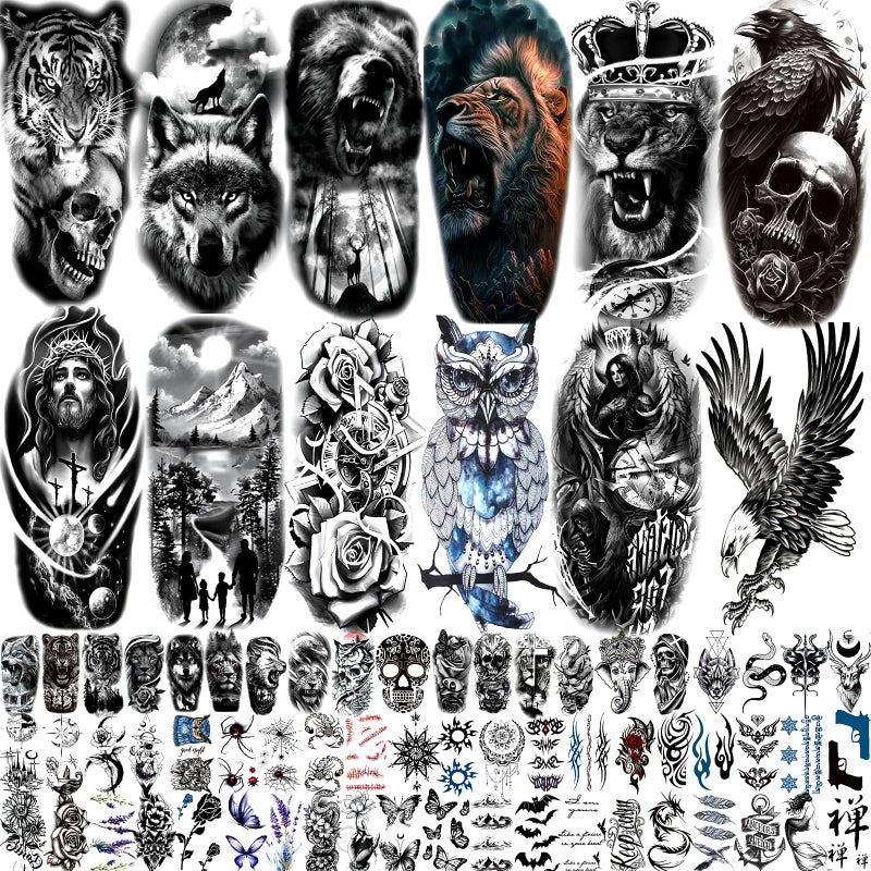 Zomme 82 Sheets Temporary Tattoos Stickers, Fake Body Arm Chest Shoulder Tattoos for Men and Women, Halloween Temporary Tattoos Black Fake Skull Skeleton Tattoos for Halloween Cosplay - Image 1