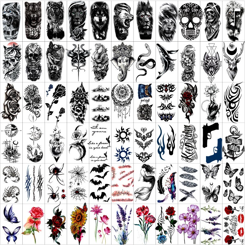Zomme 82 Sheets Temporary Tattoos Stickers, Fake Body Arm Chest Shoulder Tattoos for Men and Women, Halloween Temporary Tattoos Black Fake Skull Skeleton Tattoos for Halloween Cosplay - Image 3