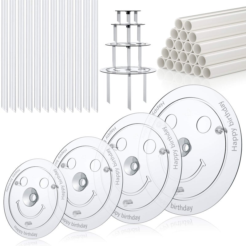 Cake tier stacking kit  20 Pieces White Plastic Cake Sticks Support Rods with 4 Pieces Cake Separator Plates for 4 6 8 10 Inch Cakes and 12 Pieces Clear Cake Stacking Dowels for Tiered Cakes