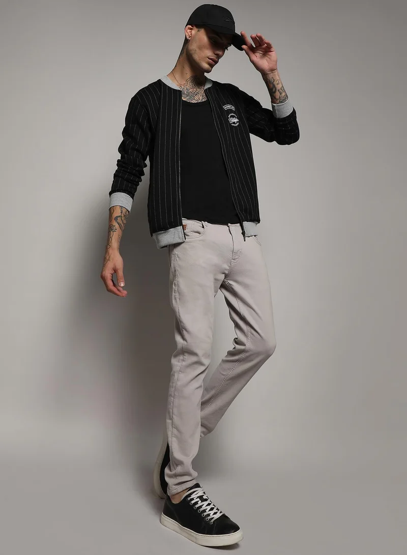 Campus Sutra Men's Navy Blue Pinstriped Jacket With Contrast Hem
