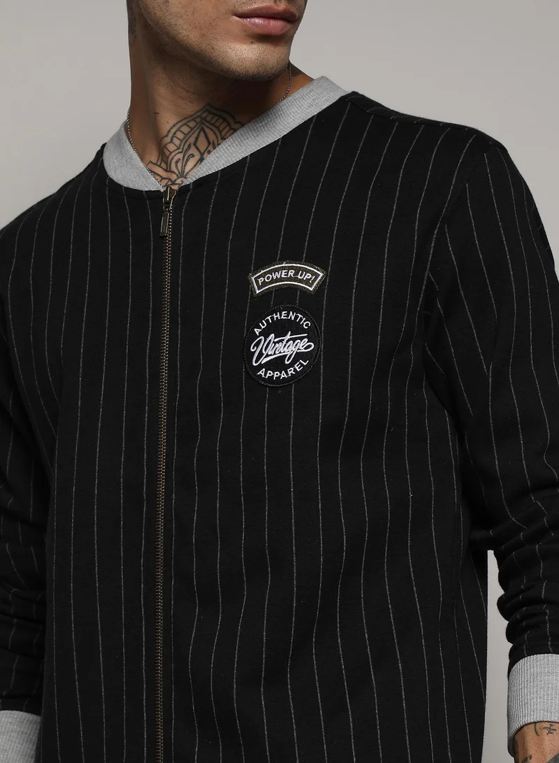 Campus Sutra Men's Navy Blue Pinstriped Jacket With Contrast Hem
