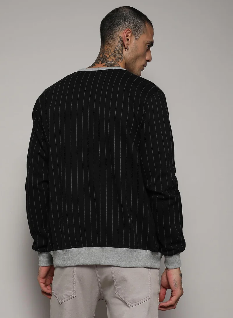 Campus Sutra Men's Navy Blue Pinstriped Jacket With Contrast Hem