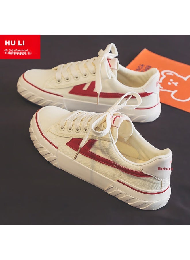 Pull Back Warrior Men's Casual Shoes Men's Spring Classic All-match Comfortable Couple Canvas Shoes Beige Red 42 - Image 1