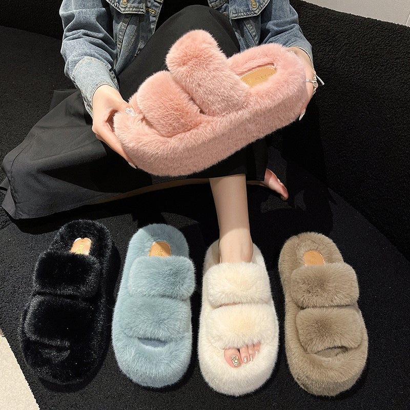 7Cm Thick-Soled Furry Slippers For Women For Outer Wear Flats-Soled One-Word Warm Cotton Slippers - Image 3