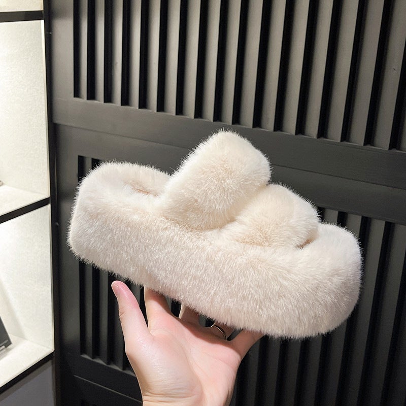 7Cm Thick-Soled Furry Slippers For Women For Outer Wear Flats-Soled One-Word Warm Cotton Slippers - Image 1