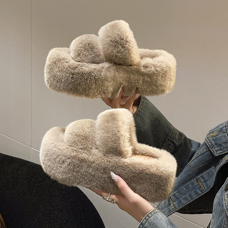 7Cm Thick-Soled Furry Slippers For Women For Outer Wear Flats-Soled One-Word Warm Cotton Slippers - Image 2