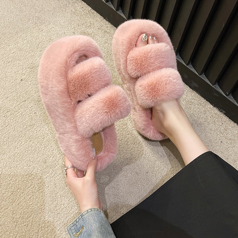 7Cm Thick-Soled Furry Slippers For Women For Outer Wear Flats-Soled One-Word Warm Cotton Slippers - Image 4