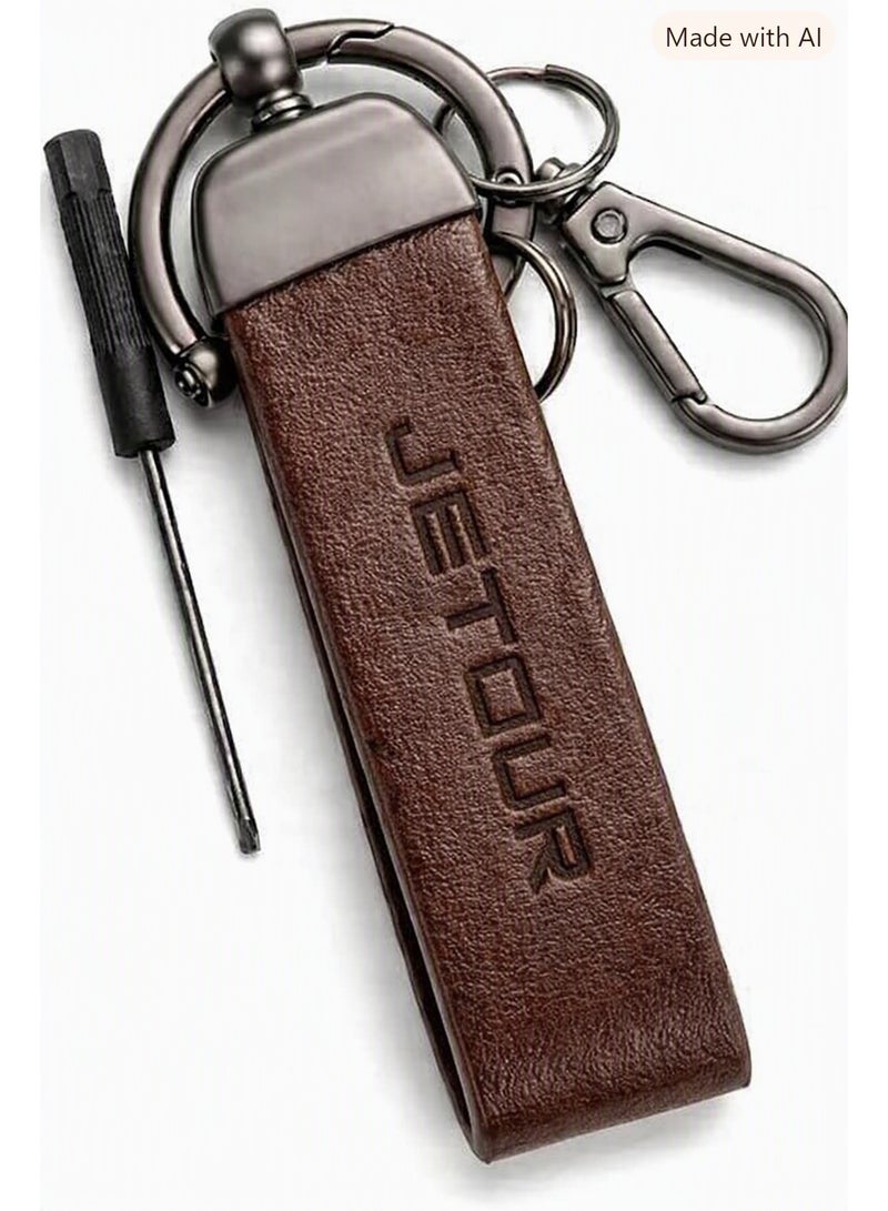 Car keychain with padded strap and gold-tone key ring, brown Jetour