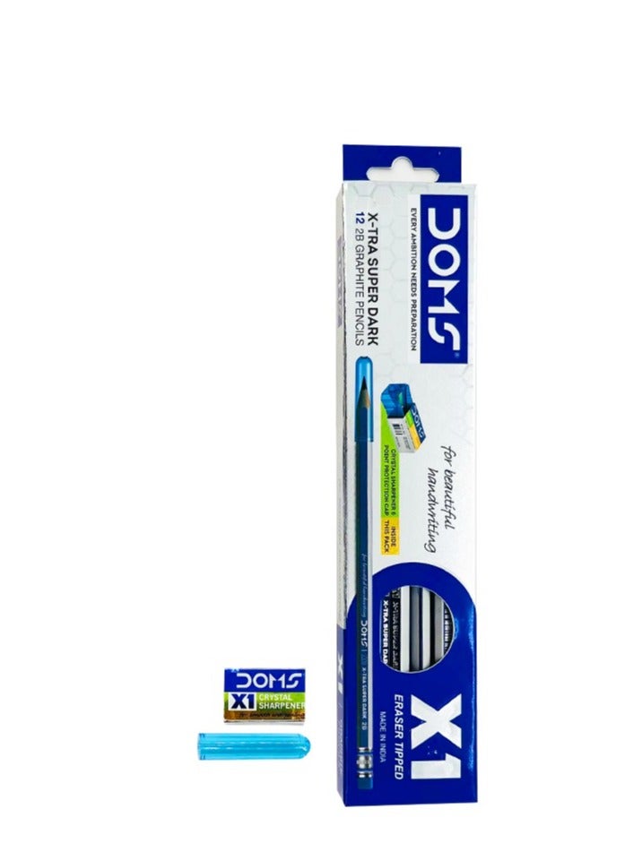 DOMS X1 Super Dark HB/2 Pencils – 12 Eraser-Tipped Graphite Pencils with Sharpener & Protection Cap for School, Office & Drawing - Image 2