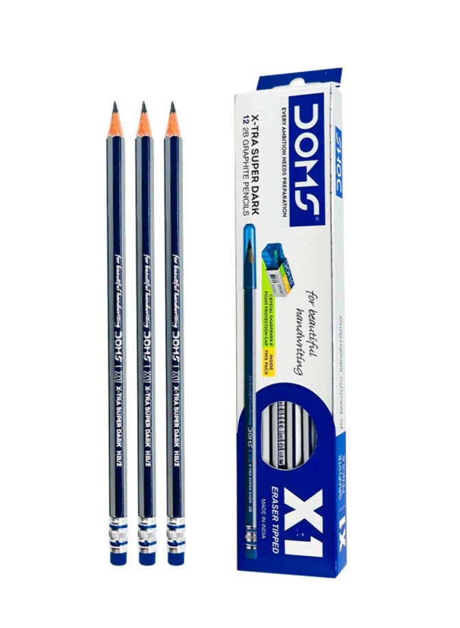 DOMS X1 Super Dark HB/2 Pencils – 12 Eraser-Tipped Graphite Pencils with Sharpener & Protection Cap for School, Office & Drawing - Image 1