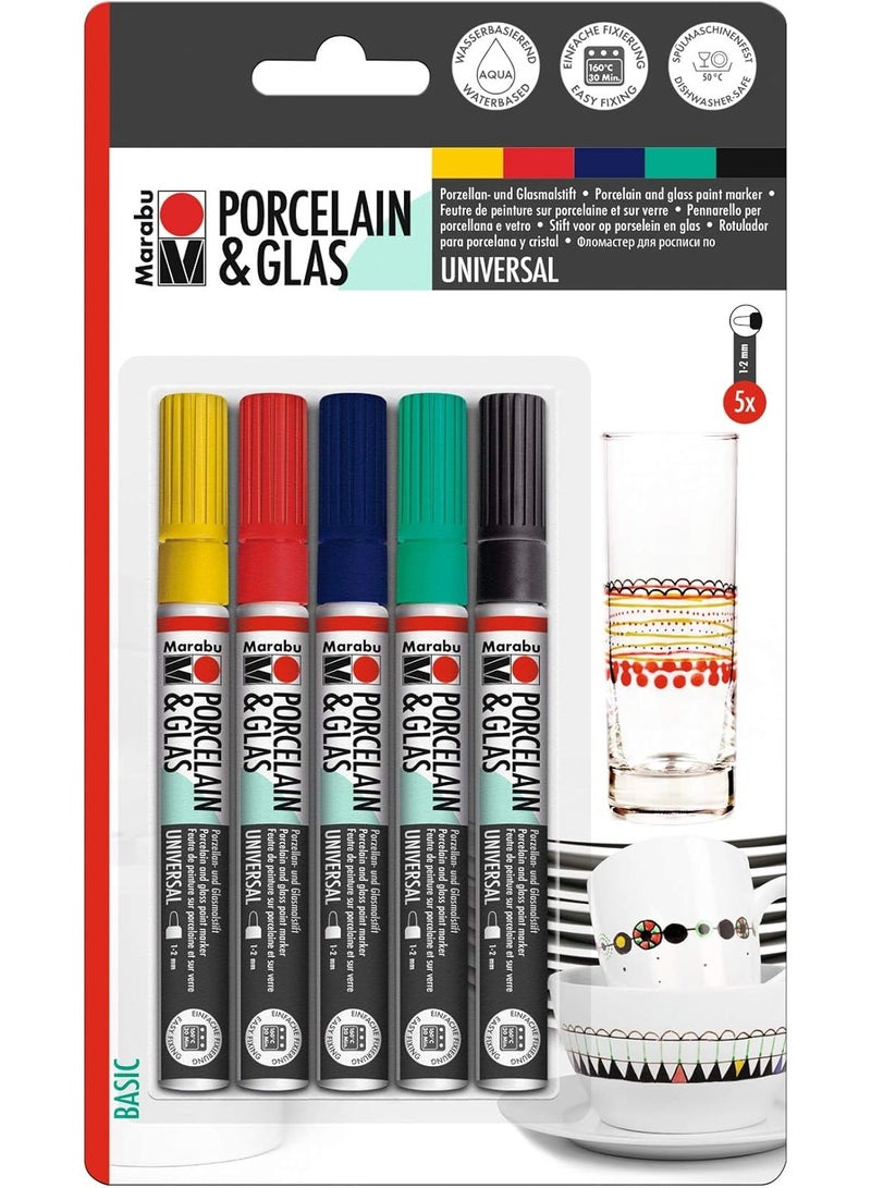 Marabu Universal Porcelain & Glas Painting Markers Basic 5Pc Blister Assortment 1-2 MM - Image 1