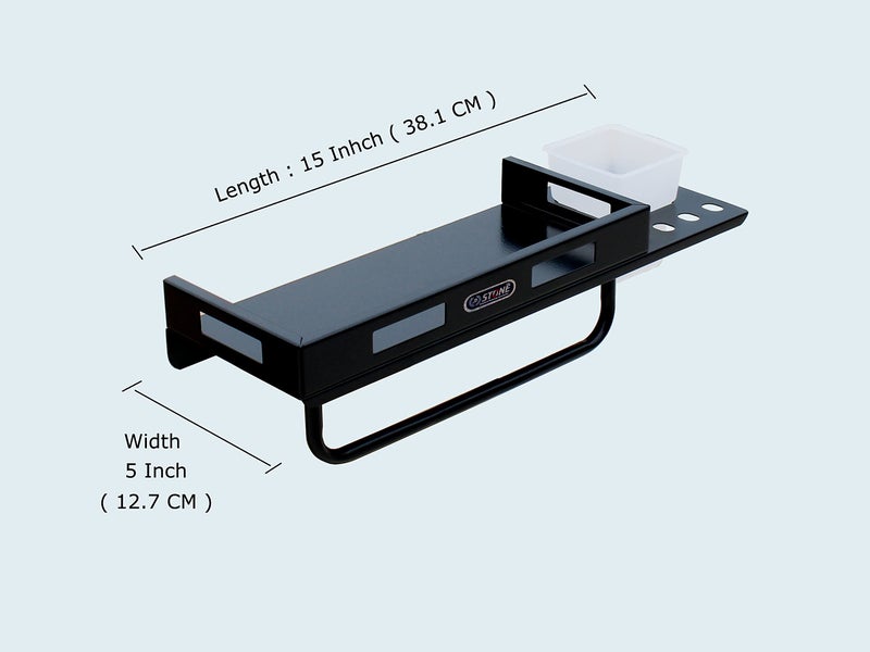 STONE STONE MS Powder Coated All in One Multipurpose Bathroom Shelf with Toothbrush Holder and Towel Rod Bathroom Accessories All in One Item (15 x 5 inch, Black) - Image 2