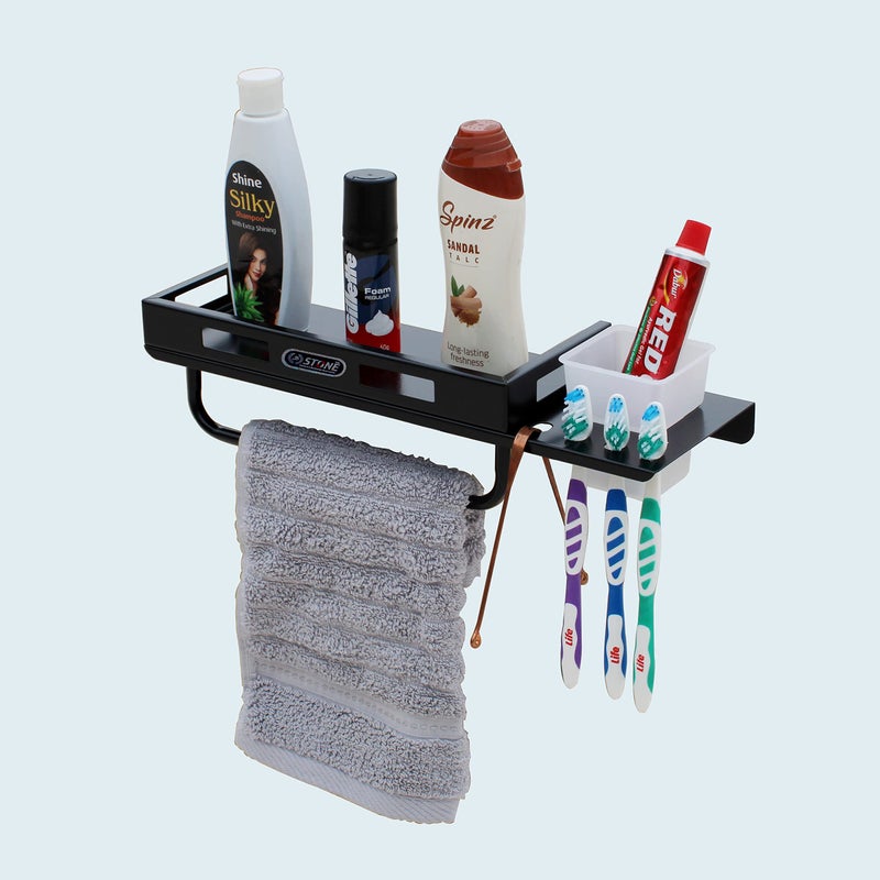 STONE STONE MS Powder Coated All in One Multipurpose Bathroom Shelf with Toothbrush Holder and Towel Rod Bathroom Accessories All in One Item (15 x 5 inch, Black) - Image 1