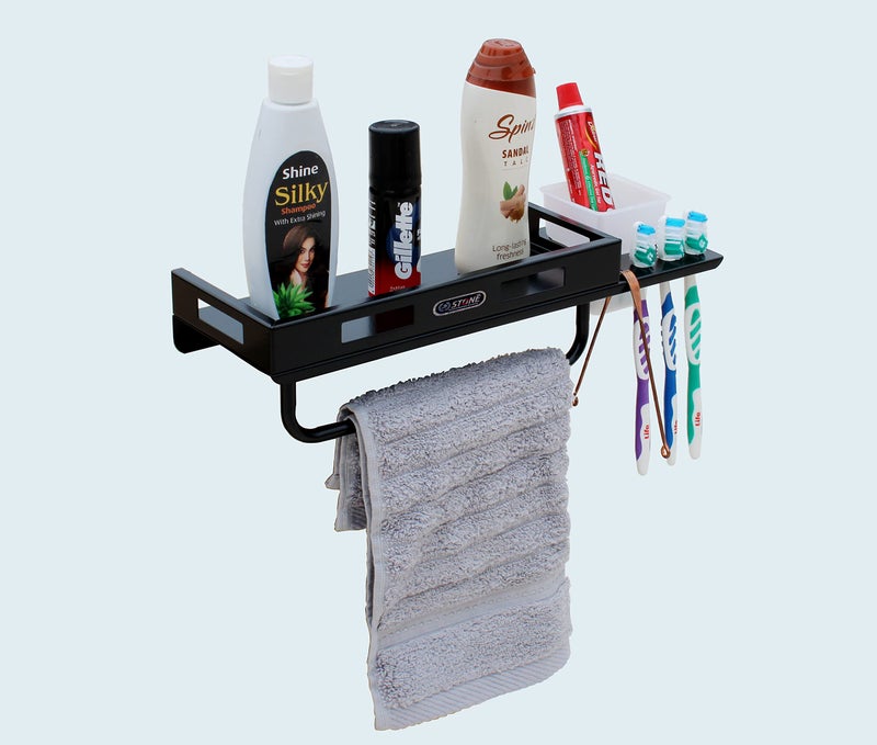 STONE STONE MS Powder Coated All in One Multipurpose Bathroom Shelf with Toothbrush Holder and Towel Rod Bathroom Accessories All in One Item (15 x 5 inch, Black) - Image 4