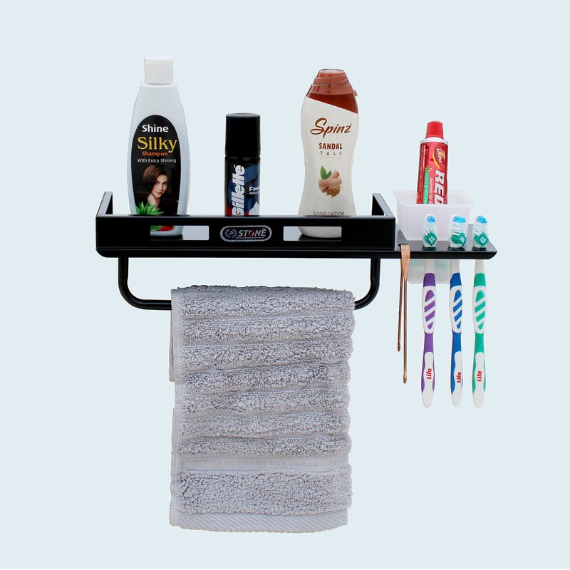 STONE STONE MS Powder Coated All in One Multipurpose Bathroom Shelf with Toothbrush Holder and Towel Rod Bathroom Accessories All in One Item (15 x 5 inch, Black) - Image 5