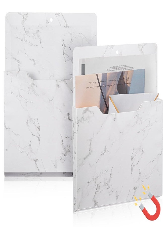 MotiMind 2 Pcs Magnetic File Holder White Marble Design Magazine Storage Wall Refrigerator Organizer Office Supplies Magnetic Paper Holder for Document Mail Magazine Letters Notebooks Organization - Image 1