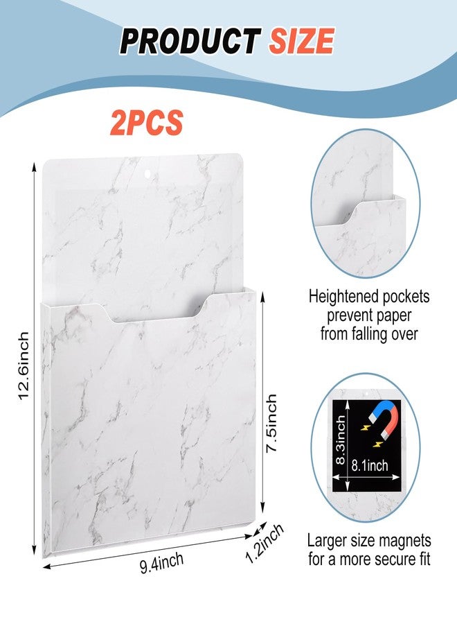 MotiMind 2 Pcs Magnetic File Holder White Marble Design Magazine Storage Wall Refrigerator Organizer Office Supplies Magnetic Paper Holder for Document Mail Magazine Letters Notebooks Organization - Image 2