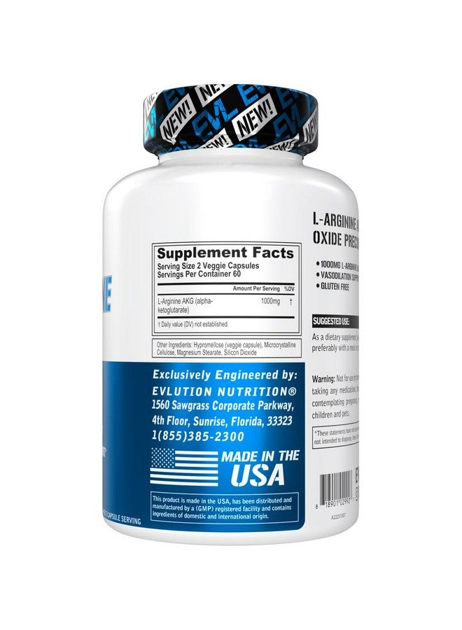 Evlution L-Arginine AKG - Vasodilation & Nutrient Delivery Support - Nitric Oxide Precursor - 1000mg L-Arginine AKG - Gluten Free & Non-GMO - Dietary Supplement - 60 Servings - 120 Veggie Capsules - Image 2