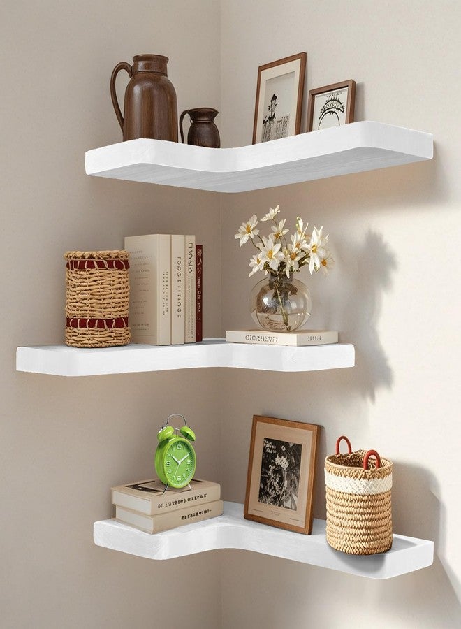 jubilander Floating Corner Shelves Set of 3, Solid Wood Picture Wall Shelf, Floating Shelves for Storage for Bedroom Kitchen Bathroom Living Room (White) - Image 1
