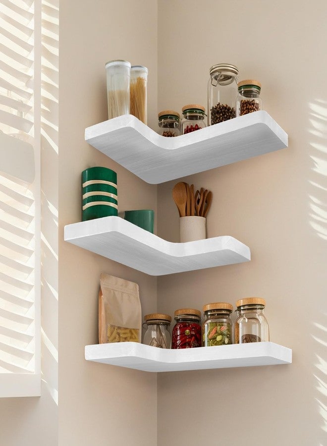 jubilander Floating Corner Shelves Set of 3, Solid Wood Picture Wall Shelf, Floating Shelves for Storage for Bedroom Kitchen Bathroom Living Room (White) - Image 4