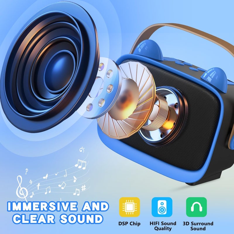 Mgaolo Upgraded Mini Karaoke Machine Toy for Kids, Portable Bluetooth Speaker with 2 Wireless Mics, Emoji & Colorful LED Lights, Home Travel & Party Play Gifts for Boys Girls (Blue) - Image 3