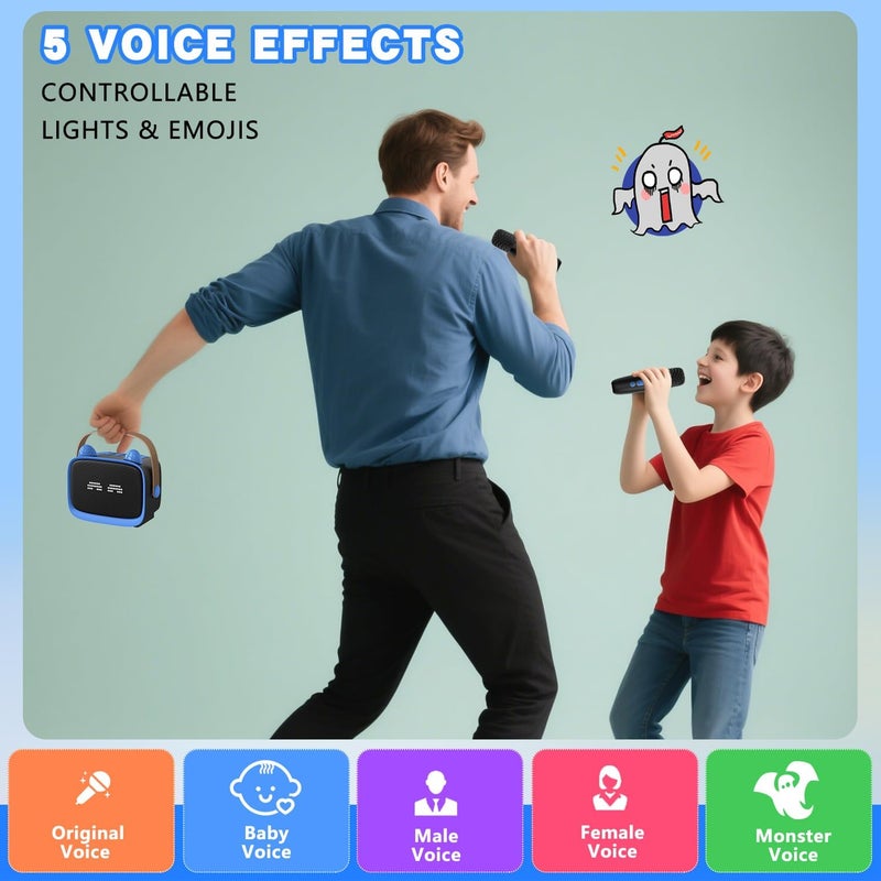 Mgaolo Upgraded Mini Karaoke Machine Toy for Kids, Portable Bluetooth Speaker with 2 Wireless Mics, Emoji & Colorful LED Lights, Home Travel & Party Play Gifts for Boys Girls (Blue) - Image 5
