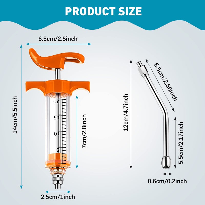 Tondiamo 2 Pieces Syringe with 2 Drench Nozzle Adjustable Dosage Reusable Drench Gun Syringe for Sheep, Goats (Orange,20 ml) - Image 2