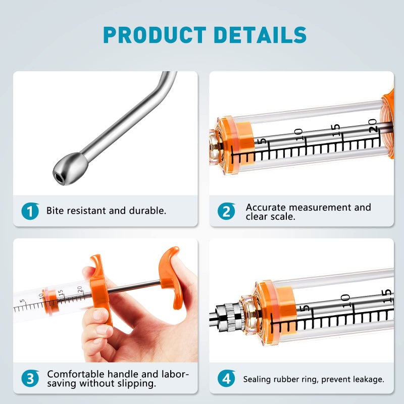 Tondiamo 2 Pieces Syringe with 2 Drench Nozzle Adjustable Dosage Reusable Drench Gun Syringe for Sheep, Goats (Orange,20 ml) - Image 3