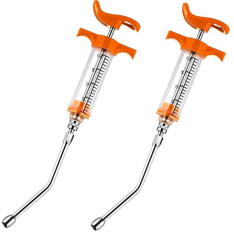 Tondiamo 2 Pieces Syringe with 2 Drench Nozzle Adjustable Dosage Reusable Drench Gun Syringe for Sheep, Goats (Orange,20 ml) - Image 1