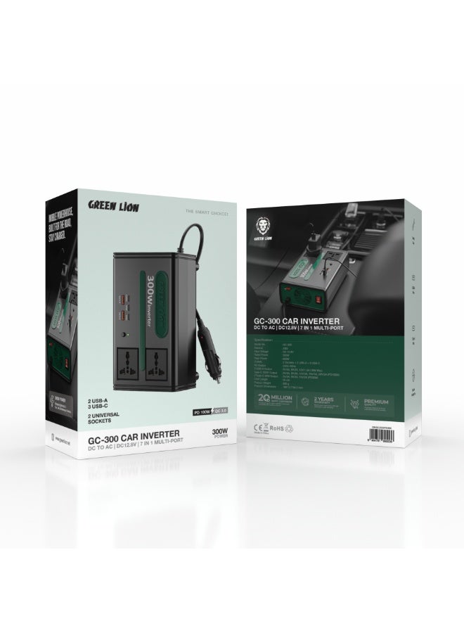 GREEN LION GC-300 Car Inverter DC to AC Converter / 300W Power / 7-in-1 Multi-Port Charging with 2 USB-A, 3 USB-C Ports / Built-in Cooling Fan & Safety Fuse - Image 3