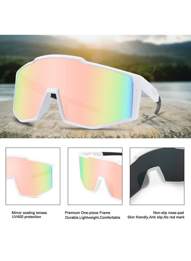 Karsaer Karsaer Sports Sunglasses Wraparound Glasses 80S Visor Shield Baseball Sunglasses For Youth Kids Teens B5095, Uv Protected, White Frame & Pink-Mirrored Lens  - Image 3