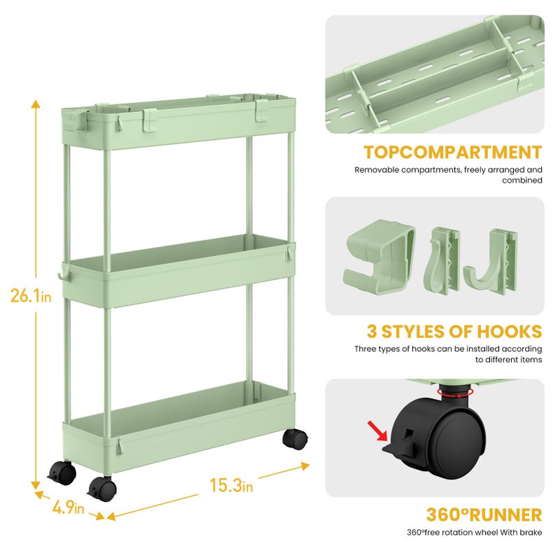 SPACELEAD Slim Storage Cart 3 Tier,Bathroom Organizer Rolling Utility,Mobile Shelving Unit Slide Out for Office, Kitchen, Laundry Room & Narrow Placesï¼ŒGreen - Image 3