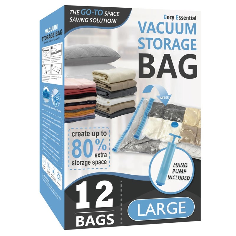 Vacuum Storage Bags, 80% Compression Vacuum Seal Space Saver Plastic Packaging Bags for Clothes, Blankets, Pillow, Bedding, Comforters, Sealer Clothing Storage