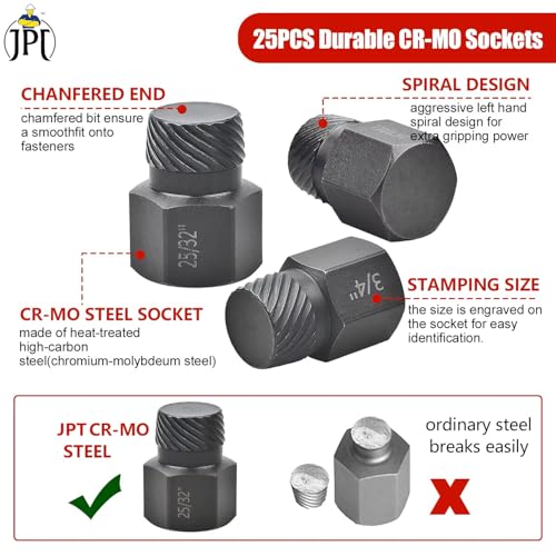 JPT 25Pcs Screw Nut Extractor Set, Hex Head Multi-Spline Remover for Rounded Bolts, Broken Studs, Hex Sockets, Screws, and Fittings - Image 4