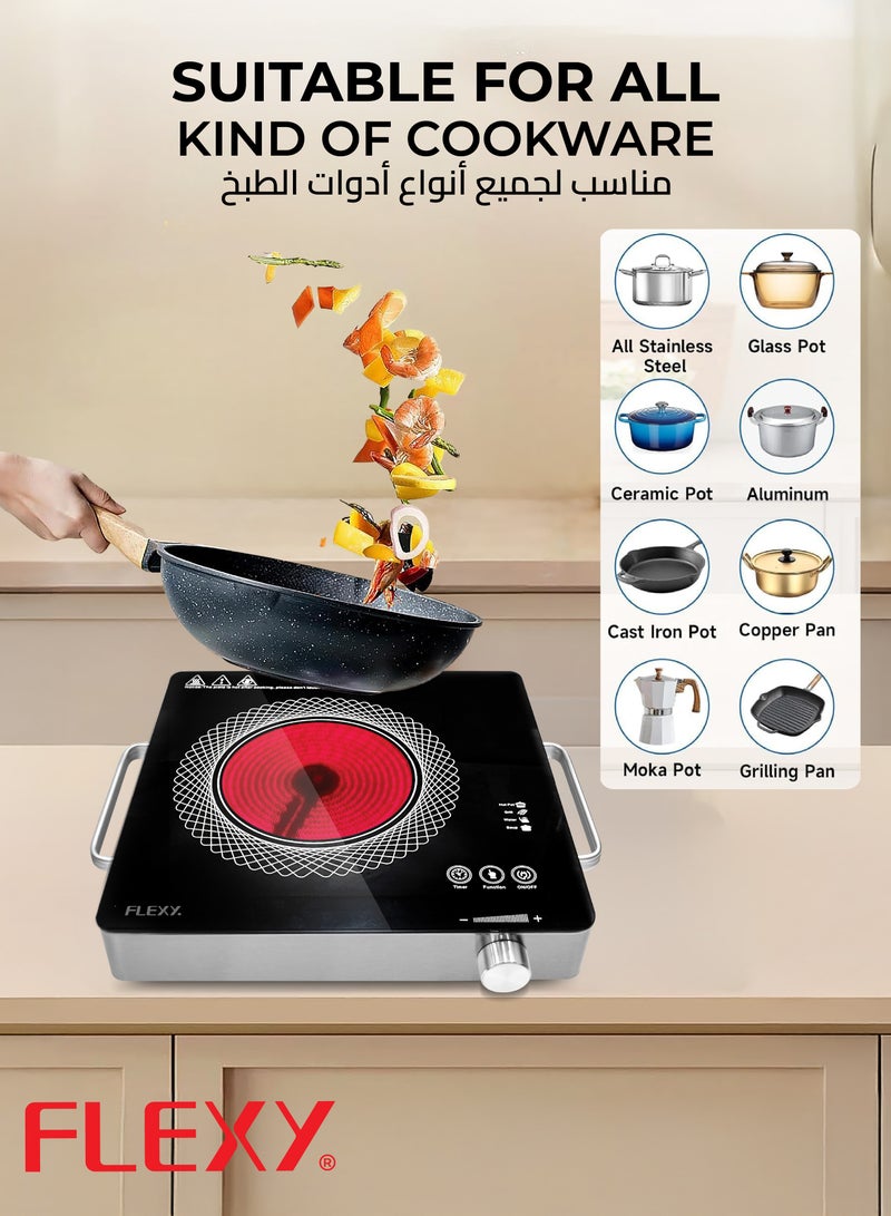 Flexy "Flexy 2000W Infrared Cooker – Ceramic Heating, Touch Control, Adjustable Timer & Watts, Preset Menus, Digital Display, Stainless Steel, 2-Year Warranty"  - Image 4