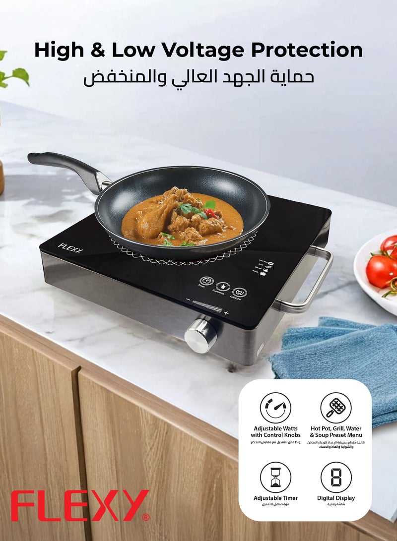 Flexy "Flexy 2000W Infrared Cooker – Ceramic Heating, Touch Control, Adjustable Timer & Watts, Preset Menus, Digital Display, Stainless Steel, 2-Year Warranty"  - Image 5