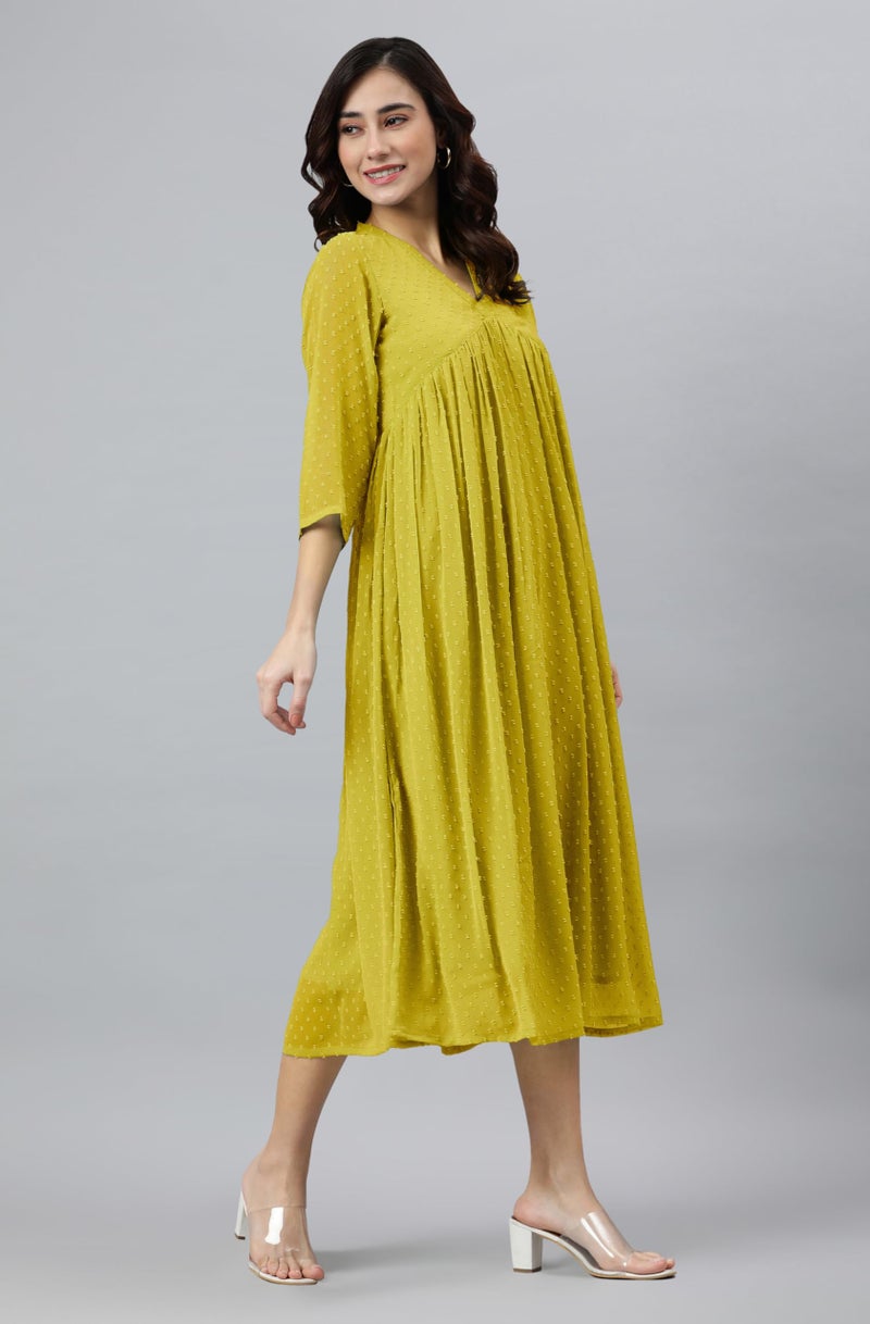 Janasya Women's Mustard Dobby Chiffon Woven Design Flared Dress (JAC24KR01572-3XL) - Image 2