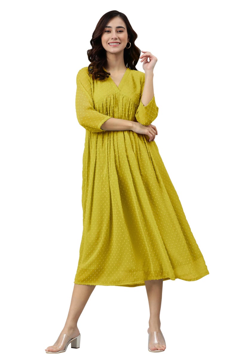 Janasya Women's Mustard Dobby Chiffon Woven Design Flared Dress (JAC24KR01572-3XL) - Image 1