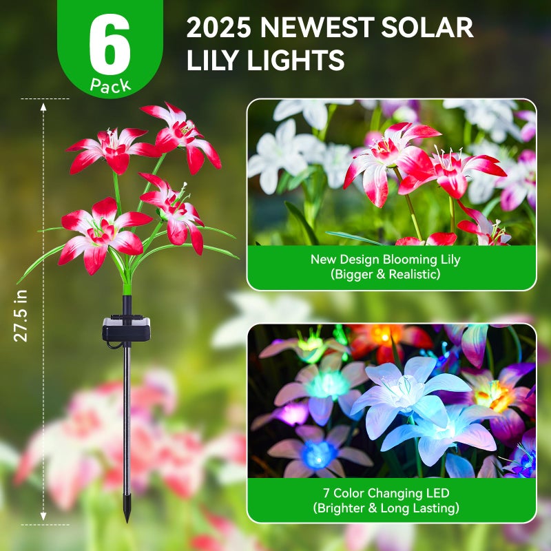 WdtPro 2025 Upgraded Solar Lights Outdoor 6 Pack, Solar Garden Lights with 24 Blooming Lily RGB Light, 7 Color Changing Waterproof Solar Flower Lights for Outside Yard, Patio Decor Gifts - Image 2