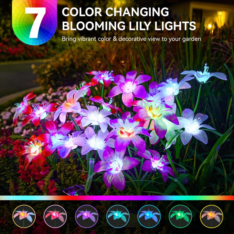 WdtPro 2025 Upgraded Solar Lights Outdoor 6 Pack, Solar Garden Lights with 24 Blooming Lily RGB Light, 7 Color Changing Waterproof Solar Flower Lights for Outside Yard, Patio Decor Gifts - Image 5