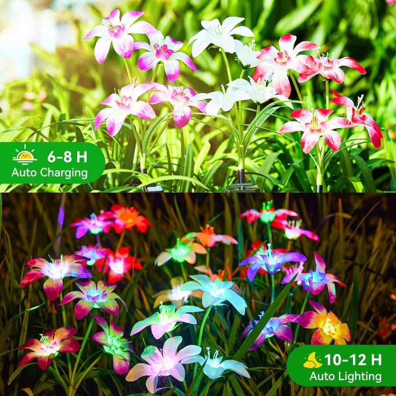 WdtPro 2025 Upgraded Solar Lights Outdoor 6 Pack, Solar Garden Lights with 24 Blooming Lily RGB Light, 7 Color Changing Waterproof Solar Flower Lights for Outside Yard, Patio Decor Gifts - Image 3