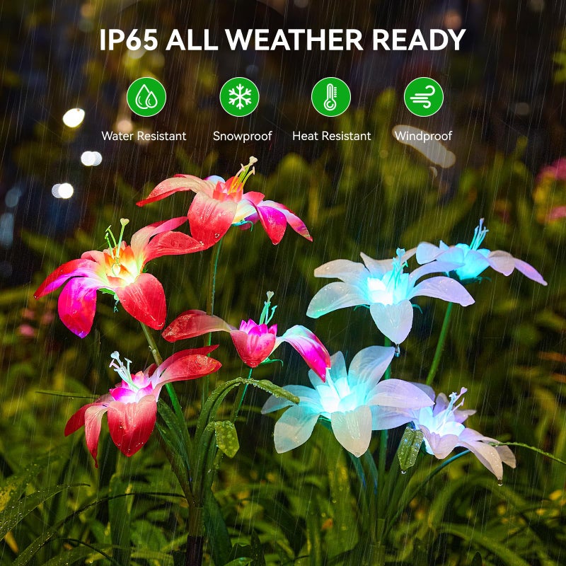 WdtPro 2025 Upgraded Solar Lights Outdoor 6 Pack, Solar Garden Lights with 24 Blooming Lily RGB Light, 7 Color Changing Waterproof Solar Flower Lights for Outside Yard, Patio Decor Gifts - Image 4