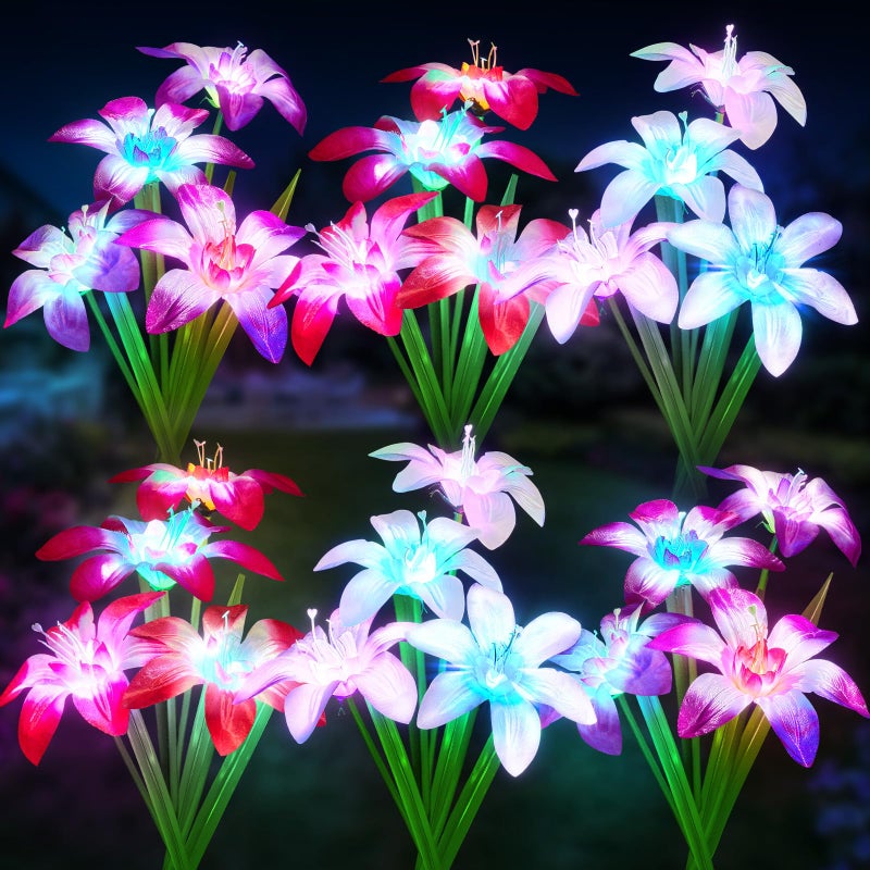 WdtPro 2025 Upgraded Solar Lights Outdoor 6 Pack, Solar Garden Lights with 24 Blooming Lily RGB Light, 7 Color Changing Waterproof Solar Flower Lights for Outside Yard, Patio Decor Gifts - Image 1
