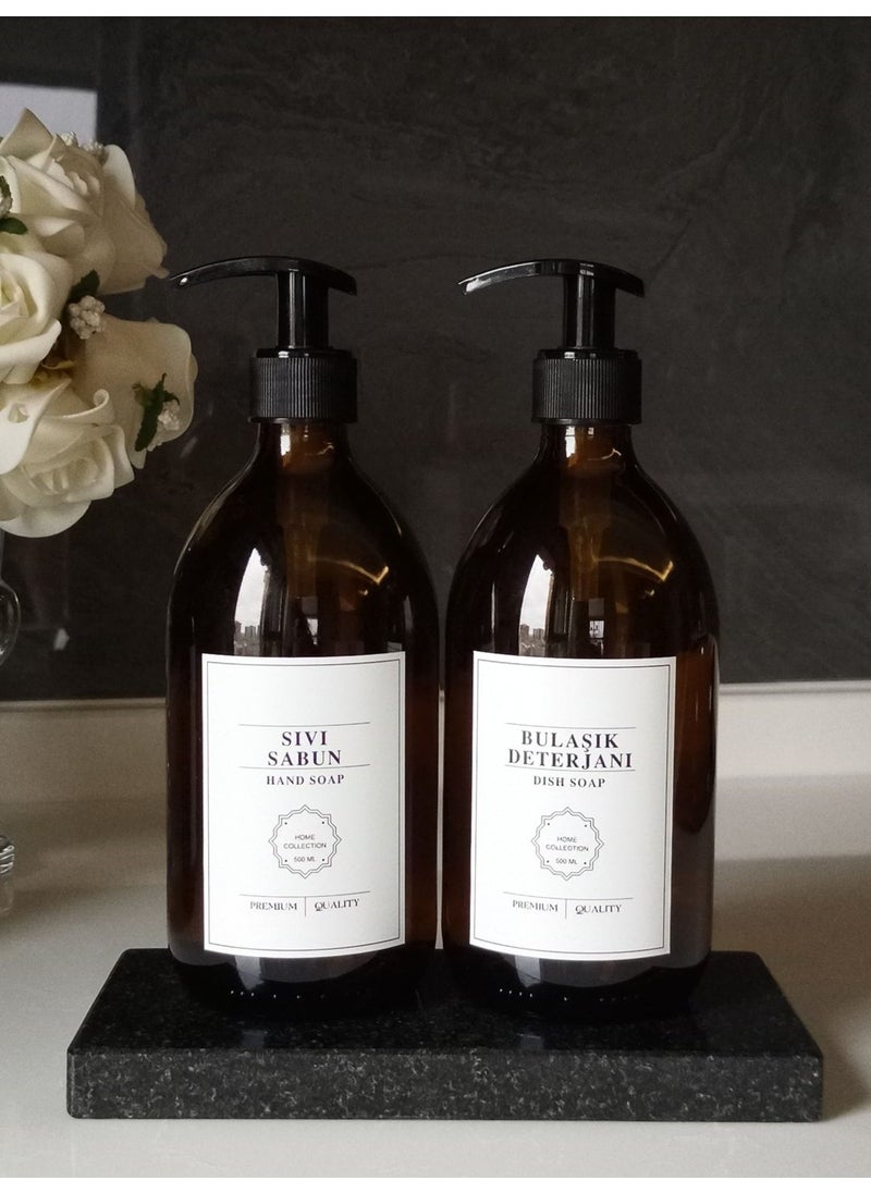 Reoona - Glass Black Marble Stand Liquid Soap Dish Detergent Bottle Set Black - Image 1