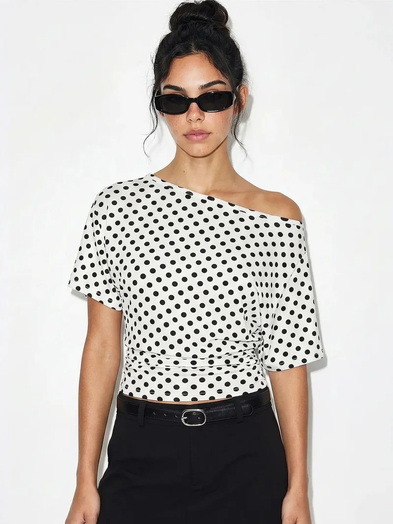 Bianco Lucci LUCCI Off-Shoulder Polka Dot Jersey Blouse