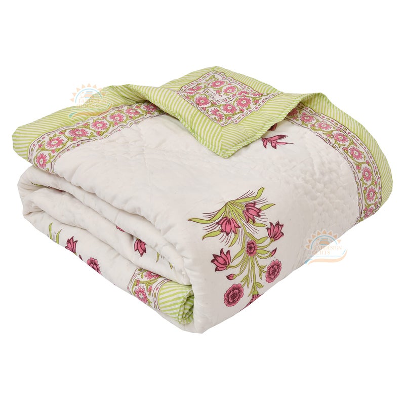 FABDESIGN QUILTS FABDESIGN QUILTS Pure Cotton Aameri Hand Block Print Quilt | Double Bed Cotton Traditional Printed Razai | Lightweight Bedding Quilts | Winter Heavy Quilt (King Size 90X108 inch) (Green & Light red) - Image 5