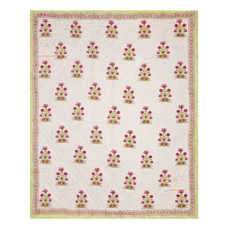 FABDESIGN QUILTS FABDESIGN QUILTS Pure Cotton Aameri Hand Block Print Quilt | Double Bed Cotton Traditional Printed Razai | Lightweight Bedding Quilts | Winter Heavy Quilt (King Size 90X108 inch) (Green & Light red) - Image 4