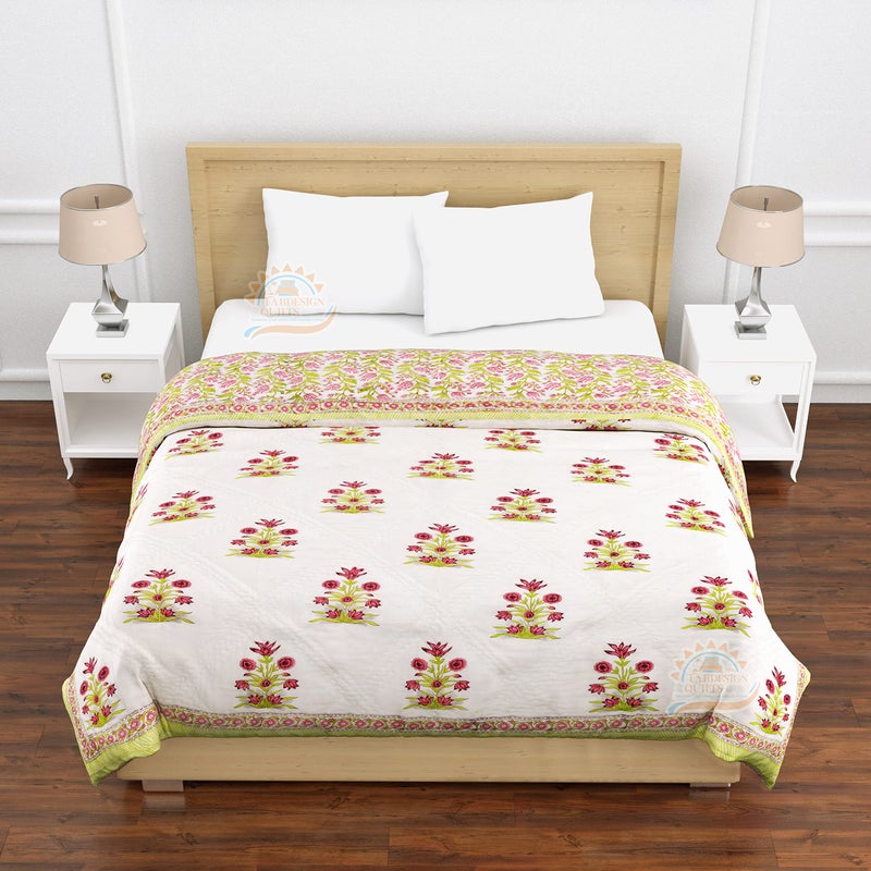 FABDESIGN QUILTS FABDESIGN QUILTS Pure Cotton Aameri Hand Block Print Quilt | Double Bed Cotton Traditional Printed Razai | Lightweight Bedding Quilts | Winter Heavy Quilt (King Size 90X108 inch) (Green & Light red) - Image 1