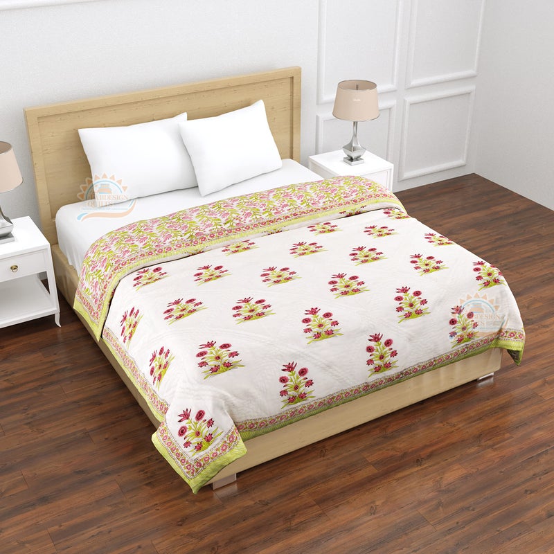 FABDESIGN QUILTS FABDESIGN QUILTS Pure Cotton Aameri Hand Block Print Quilt | Double Bed Cotton Traditional Printed Razai | Lightweight Bedding Quilts | Winter Heavy Quilt (King Size 90X108 inch) (Green & Light red) - Image 2
