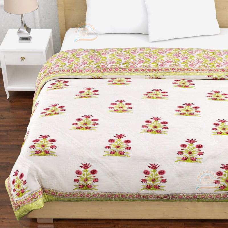 FABDESIGN QUILTS FABDESIGN QUILTS Pure Cotton Aameri Hand Block Print Quilt | Double Bed Cotton Traditional Printed Razai | Lightweight Bedding Quilts | Winter Heavy Quilt (King Size 90X108 inch) (Green & Light red) - Image 3